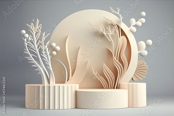 Obraz A 3d paper cutout of a round stand with a tree stump in the background with generative ai 