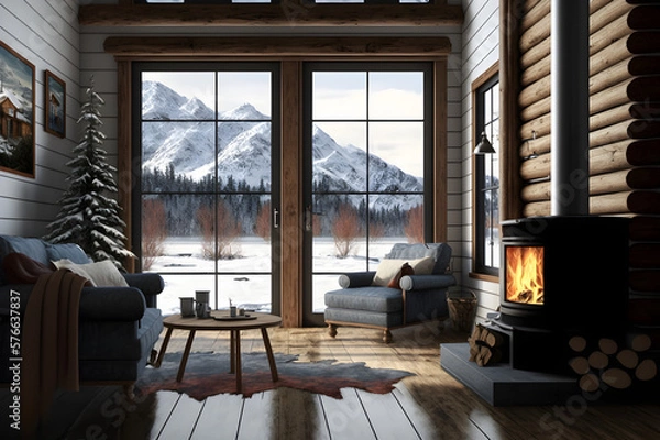 Obraz Winter Retreat: Cozy Living Room with Fireplace and Breathtaking Snowy Mountain Views in a Rustic Forest Chalet