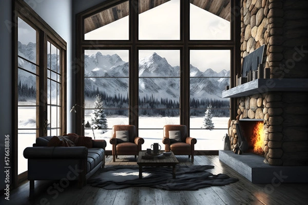 Obraz Winter Retreat: Cozy Living Room with Fireplace and Breathtaking Snowy Mountain Views in a Rustic Forest Chalet