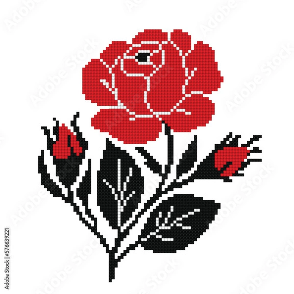 Fototapeta Realistic Cross-Stitch Embroideried Rose. Ethnic Floral Motif, Handmade Stylization. Traditional Ukrainian Red and Black Embroidery. Ethnic Single Design Element. Vector 3d Illustration