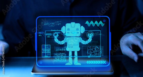 Fototapeta AI robot in computer chat with user in graphic for technology