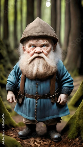 Obraz closeup of photo-realistic dwarf old man with long beard and hat in forest with blurry trees in background, generative AI