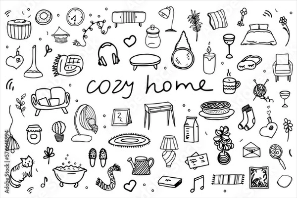 Fototapeta Seth is a cozy house. Interior items, things for recreation. Bed, armchair, furniture, plants, dishes. Vector black and white elements drawn by hand. .Logo, doodle, sketch, clipart, template, design