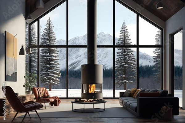 Obraz Winter Retreat: Cozy Living Room with Fireplace and Breathtaking Snowy Mountain Views in a Rustic Forest Chalet