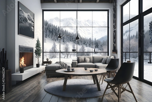 Obraz Winter Retreat: Cozy Living Room with Fireplace and Breathtaking Snowy Mountain Views in a Rustic Forest Chalet