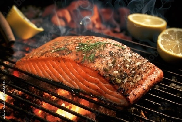 Fototapeta Salmon steak on the grill