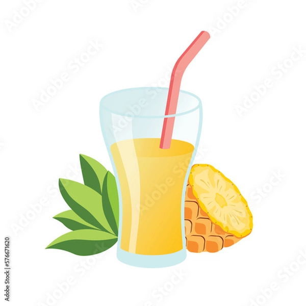 Obraz Glass of pineapple juice with straw. Half a pineapple with leaves. Vector illustration cartoon flat icon isolated on white background.