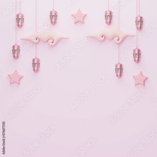 Obraz Islamic decoration background arabic window border ramadan kareem banner template with 3d illustration lantern, cloud, crescent and stars copy space