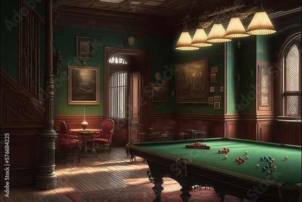 Fototapeta billiard room with a retro atmosphere, with a large table and beautiful lights