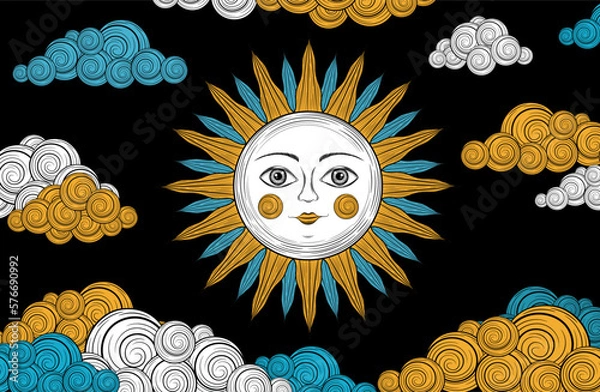 Obraz Vintage sun background. Sun face astrology symbol. Alchemy icon. Bohemian sun with face. Antique style sun and clouds esoteric wallpaper. Vintage hand drawn character. Magic monochrome boho style. 