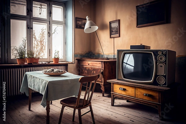 Fototapeta Retro television of the sixtioes, old fashioned vintage living room illustration, generative AI unreal tv models