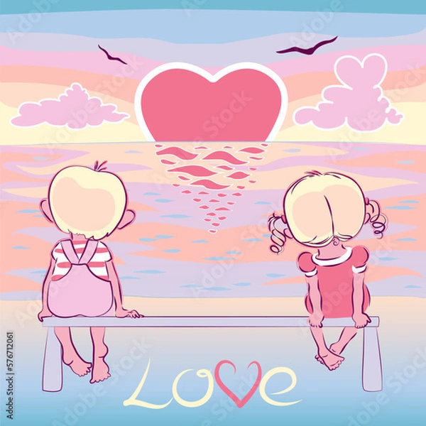 Fototapeta Vector romantic illustration of a boy and a girl sitting on a bench and watching the sunrise over the sea. Sun in the shape of a heart. Below is the inscription 
Love.
