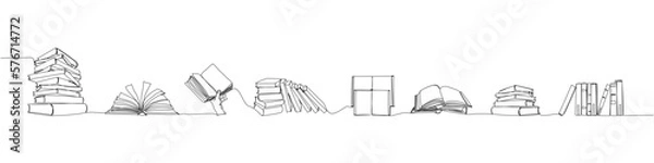 Obraz A set of several books of different sizes, angles one line art. Continuous line drawing of book, library, education, school, study, literature, knowledge, read, learn page reading