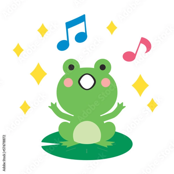 Fototapeta 蓮の葉の上で歌うカエルのイラスト