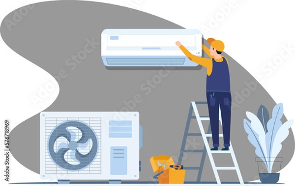 Obraz Professional worker of ventilation repair service in blue uniform stand on ladder fix or install air-conditioner on wall in office, house, appertment. Vector illustration. Vector illustration