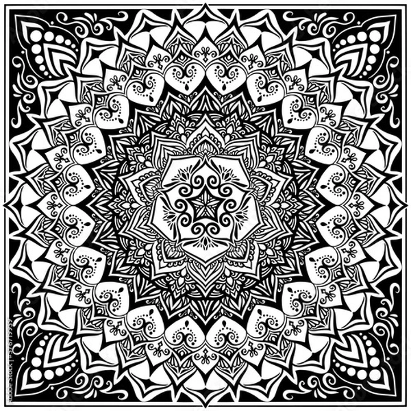 Obraz マンダラアート(ハート、幾何学模様、円形、五角形、線画、モノクロ)