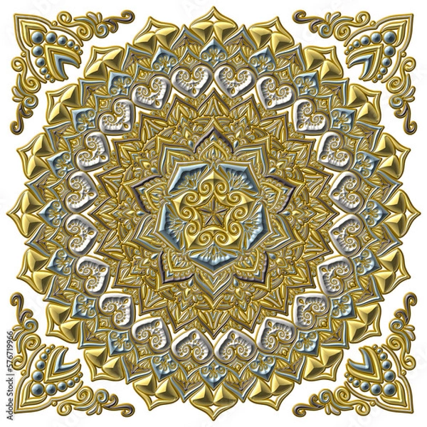 Obraz マンダラアート(ハート、幾何学模様、円形、五角形、金細工)