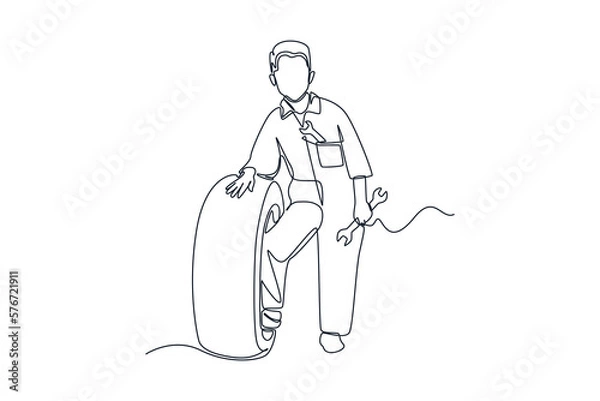 Fototapeta Single one line drawing boy mechanic standing beside car tire. Auto service concept. Continuous line draw design graphic vector illustration.