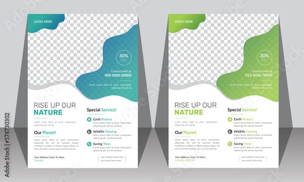 Fototapeta realistic nature template design. Nature awesome Flyer. Modern green leaf, environment design. Vector nature flyer template design. wild nature A4 flyer template. vertical poster for nature.