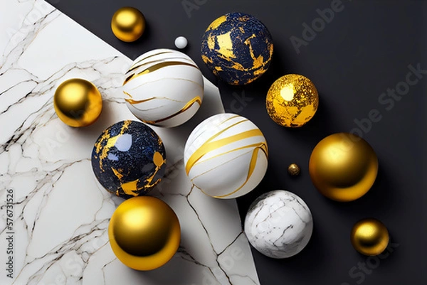 Obraz A marble table with gold and white marbles. Generative ai