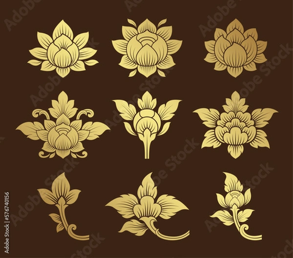 Fototapeta Set lotus art, asian buddhism temple element and background pattern decoration motifs for ceiling pattern, flyers, poster, web, banner, and card concept vector illustration