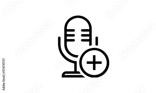 Fototapeta add mic record vector icon outline style black and white background, Music industry icon, podcast icon