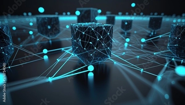Fototapeta technology virtual reality blockchain neon cube data stream background created with generative ai technology
