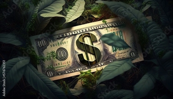 Fototapeta dollar bills in the nature, jungle, money, background created with generative ai technology