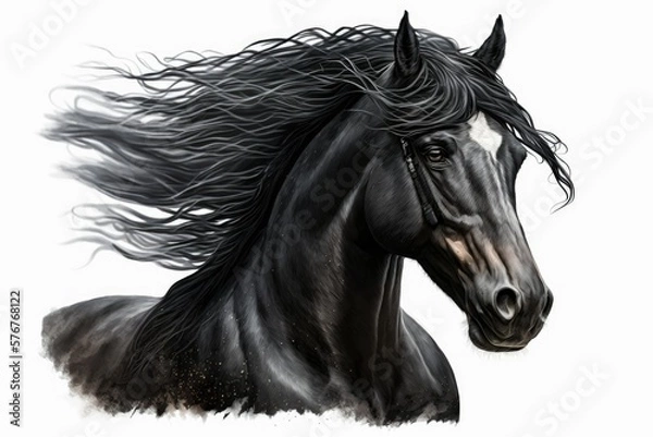 Fototapeta Portrait of a black stallion in motion, showcasing his flowing mane, against a white background. Generative AI