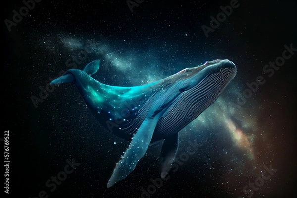 Fototapeta Beautiful heavenly whale at universe full of stars on black background. 
Digitally generated AI image