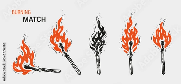 Fototapeta Burning Match Stick Silhouette Vector Set. Outline Matchstick. Wood Match with Fire Flames.