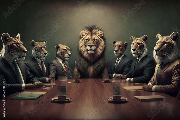 Fototapeta Board of directors of the company. Businessmen in business suits at a meeting in the office. Partners enter into an agreement. Corporation bosses. Company directors. Animals rule the world. Generative