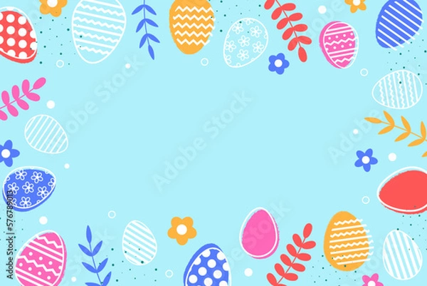 Fototapeta Abstract Easter background with eggs and flowers. Modern cartoon style for card, poster and banner. Vector illustration