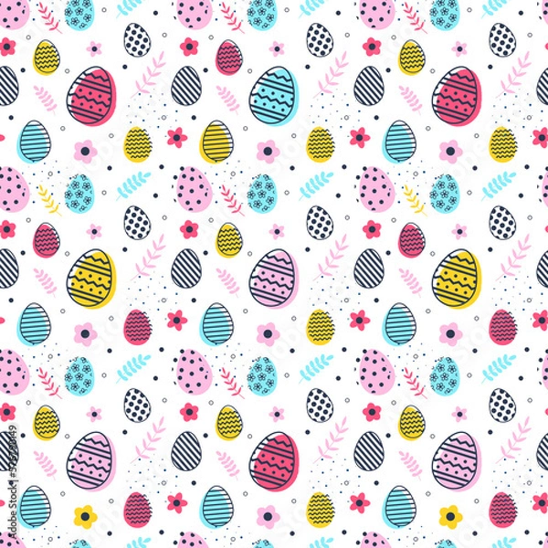 Fototapeta Easter texture with eggs and flowers on transparent background. Minimal design. PNG illustration