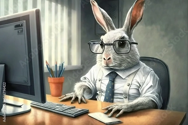 Fototapeta Rabbit man in a shirt in the office. The clerk is doing paperwork. Nerd hare doing routine. Generative art.