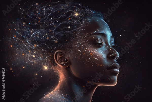 Obraz series of portrait showing a woman transforming into a constellation in the night sky, generative ai