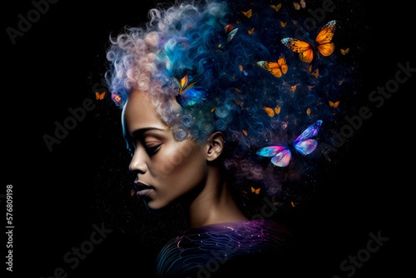 Fototapeta Surreal portrait of a young woman with galaxy hair and butterfly wings, set against a black background, generative ai