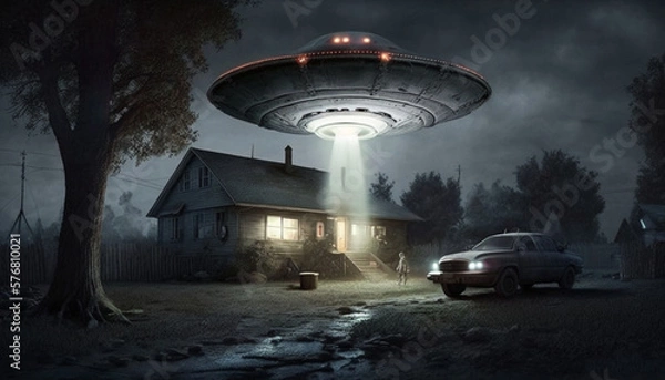 Fototapeta Alien Abduction: Insanely Detailed UFO Scene with Farmhouse and Car , generated by IA
