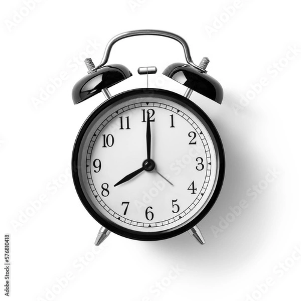 Fototapeta Black Twin Bell Alarm Clock analog classic vintage retro style, isolated on a transparent background, PNG. High resolution.
