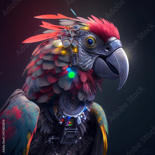 Fototapeta cyborg parrot, super realistic with vivid colors, soft lights, Generative AI