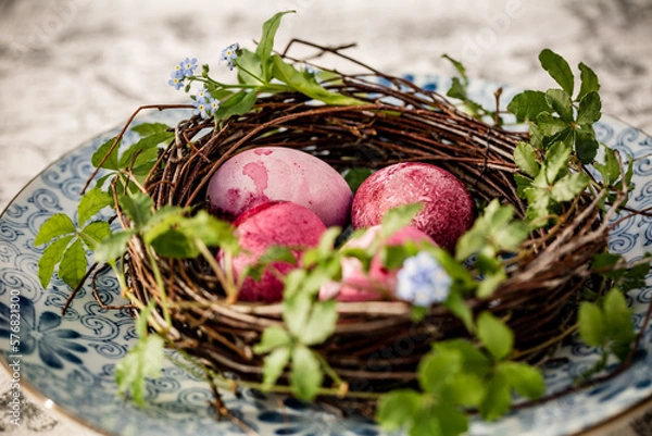 Fototapeta easter colored pink eggs in diy wreath from birch on blue plate with flowers