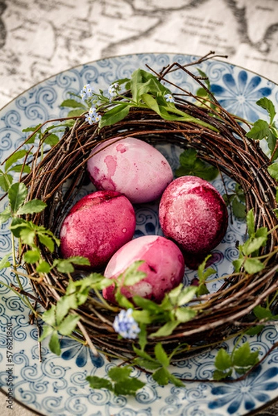 Fototapeta easter colored pink eggs in diy wreath from birch on blue plate with flowers