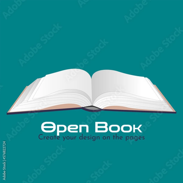 Fototapeta Open blank book, diary or notebook mockup with empty pages and hardcover. Vector illustration