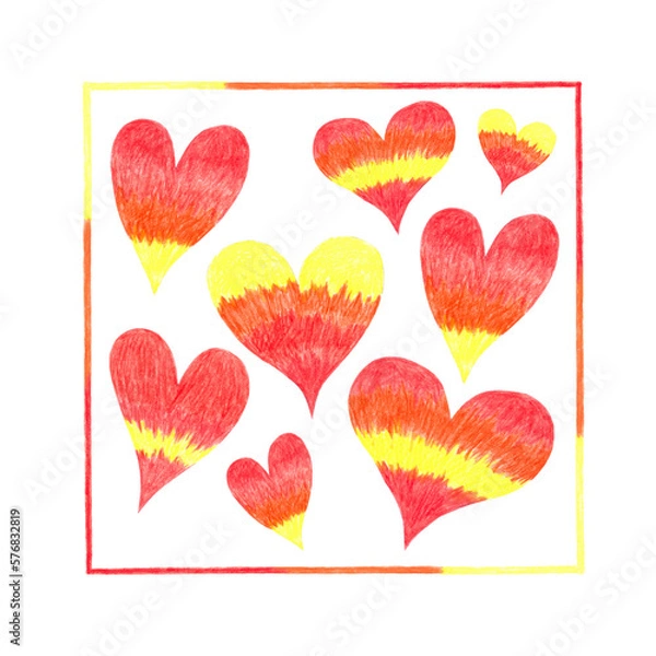 Obraz Illustration of postcard with frame and colorful romantic hearts hand drawn with colored pencils on white background