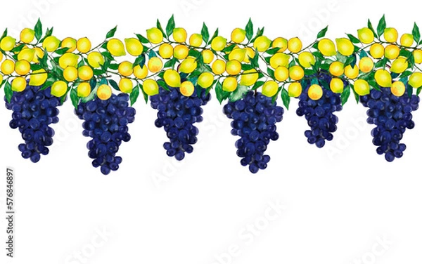 Obraz Hand-painted seamless border and pattern with lemons and grapes on tree branches with green leaves. Suitable for social media posts, postcards, invitations, prints, banners, fabrics, web ads and more.