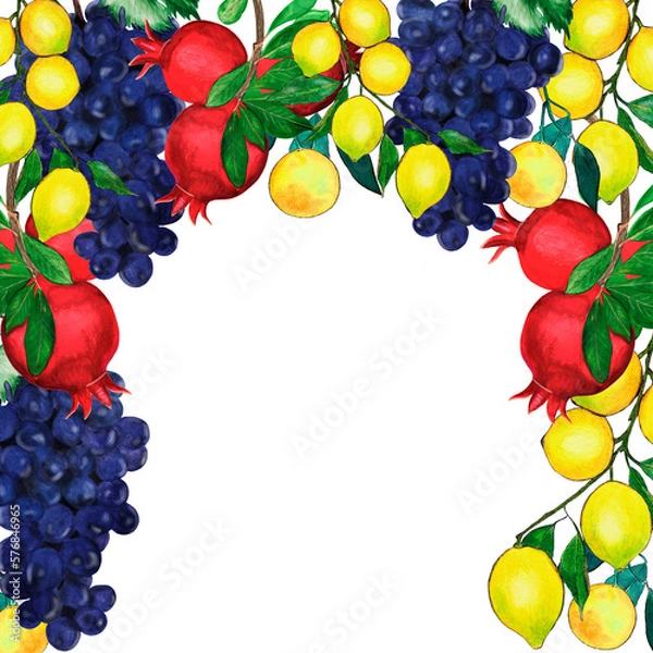 Obraz Hand-painted square frame of red pomegranates, lemons, blue grapes and green leaves. Suitable for social media posts, postcards, invitations, mobile apps, banners design and web ads, prints and more. 