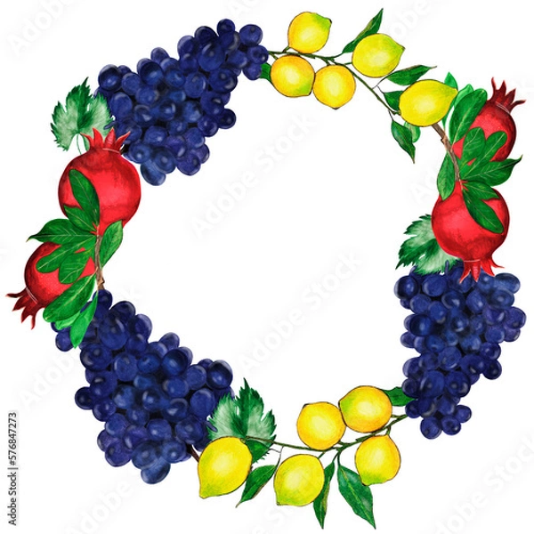 Obraz Hand painted round frame with red pomegranates, lemons, grapes and green leaves. Suitable for social media posts, postcards, invitations, mobile apps, banners design and web ads, prints and more.