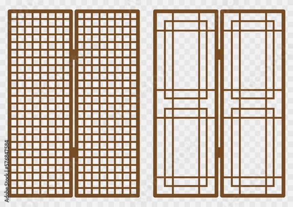Fototapeta Traditional korean ornament wood frame pattern. Set of folding door and window antique decoration art vector illustration.