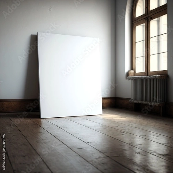 Fototapeta large white blank unframed canvas standing on a wooden floor, generative AI