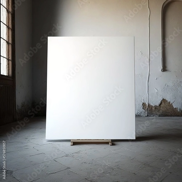 Fototapeta large white blank unframed canvas standing on a wooden floor, generative AI